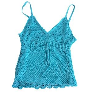 XXI Forever Turquoise Blue Crochet Knit Shimmer Cami Top Boho Festival Y2K 90's